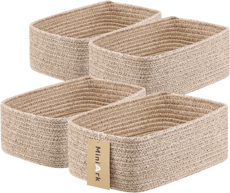 MiniArk Small Storage Baskets for Organizing | Closet Organizer Bins | Shelf Toy Basket | Woven Rope Baskets | Cube Decorative Box | Shallow Basket | 11.5x7.5x4.7” | 4 Packs Mixed Brown - Image 1